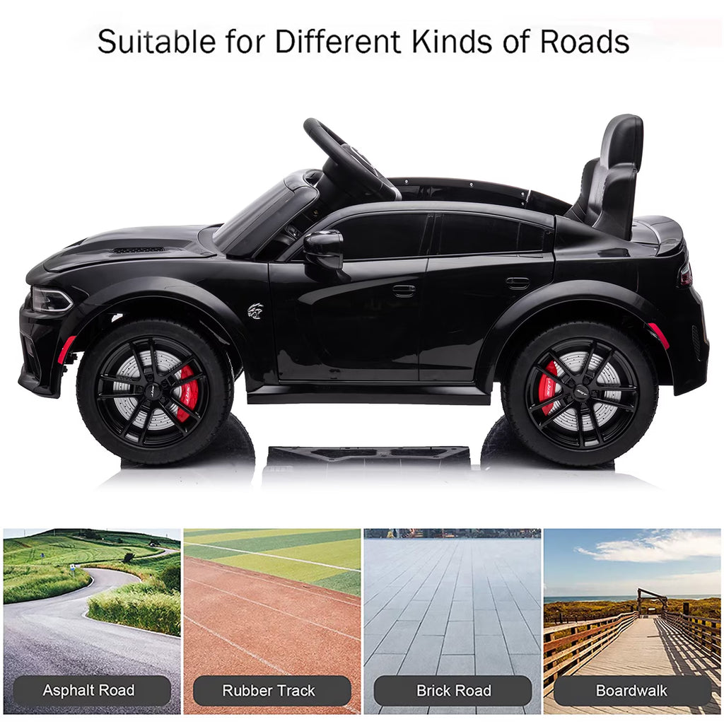 12V Ride on Car, Dodge Charger Powered Electric Car with Battery Powered, Bluetooth, Remote Control, LED Light, Ride on Toy for Ages 3+ Kids, Black