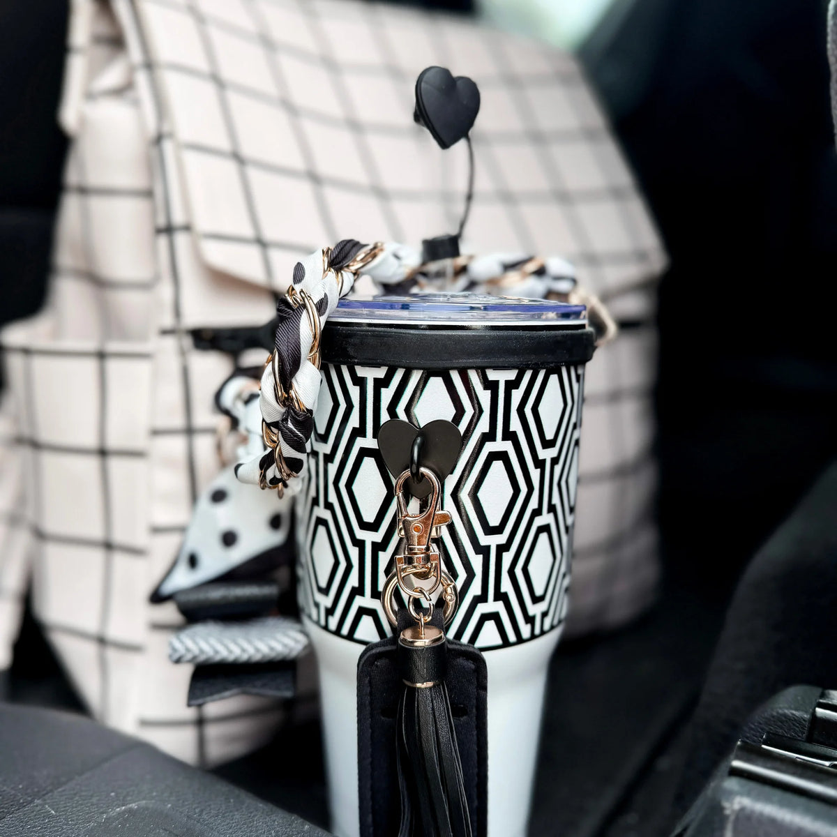 Tumbler Accessory Set with Water Bottle Handle, Straw Topper, Charm Hook & Lip Balm Holder, Black & White