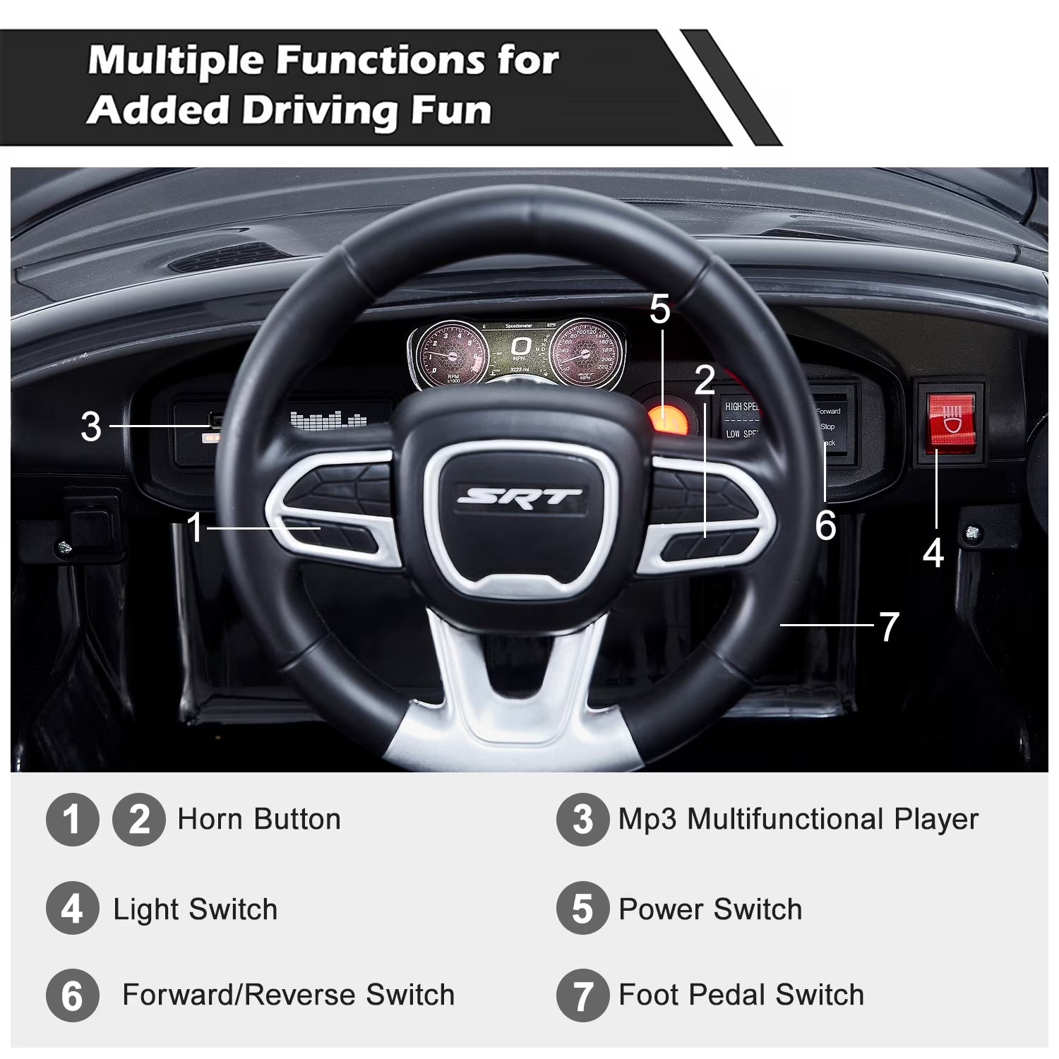12V Ride on Car, Dodge Charger Powered Electric Car with Battery Powered, Bluetooth, Remote Control, LED Light, Ride on Toy for Ages 3+ Kids, Black