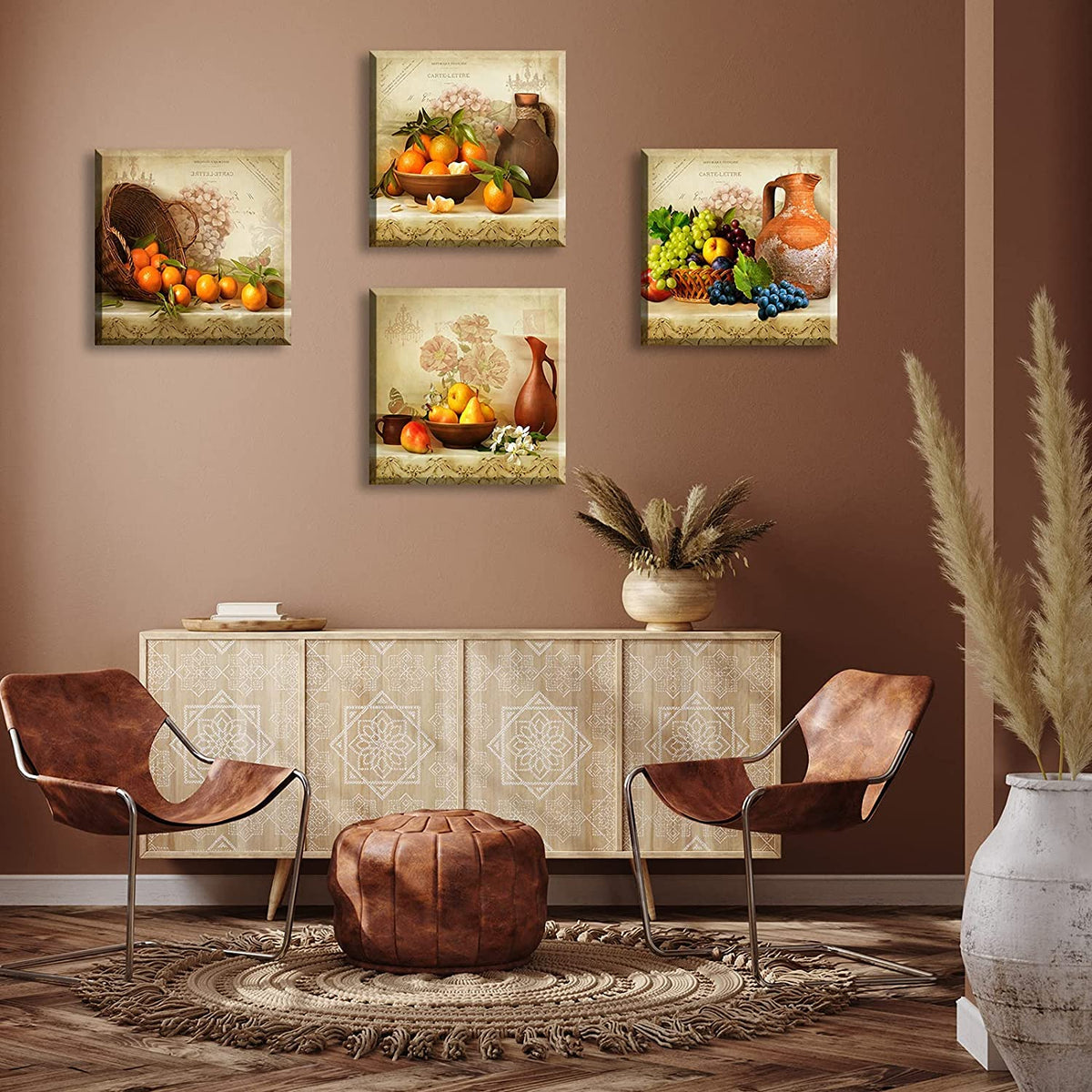 Kitchen Wall Decor 4-Piece Vintage Fruit Still Life Canvas Art 12X12 Inch