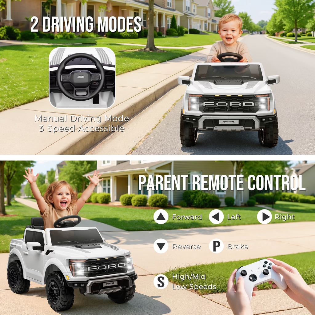 12V Ride on Cars with Remote Control, Licensed Ford F 150 Raptor Powered Ride on Toys with Bluetooth, Radio, LED Light, 4 Wheels Suspension, Kids Cars Electric Vehicles for Boys Girls Ages 3-6, White