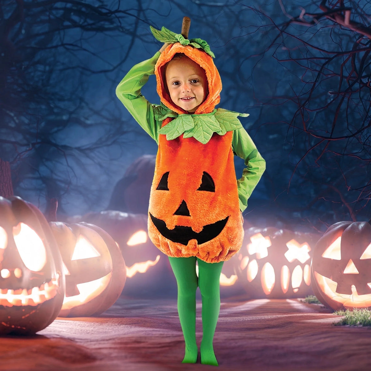 Halloween Pumpkin Costume for Kids, Pumpkin Costume with Plush Green Leaves, Halloween Party Dress up Costume 5-7 Yrs