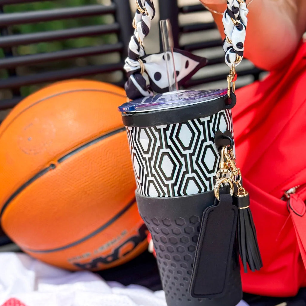 Tumbler Accessory Set with Water Bottle Handle, Straw Topper, Charm Hook & Lip Balm Holder, Black & White
