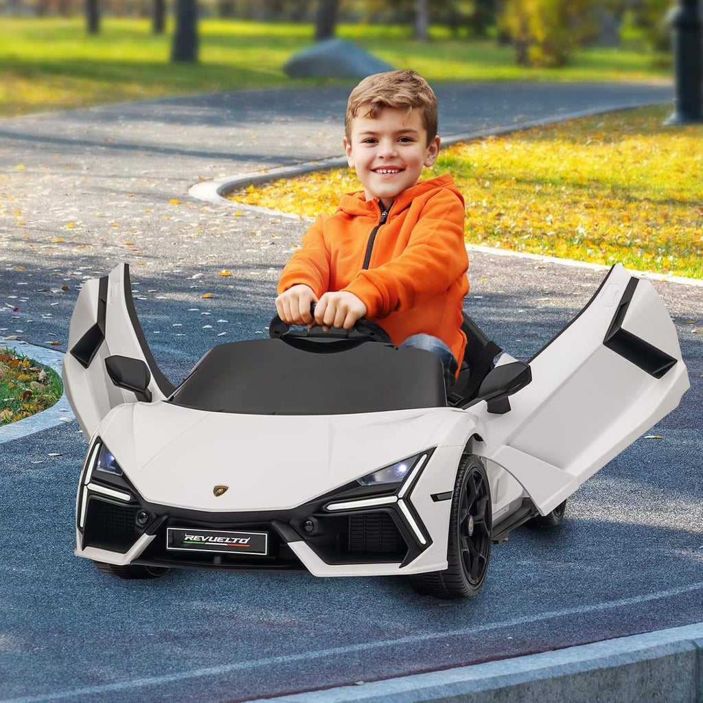 12V Licensed Lamborghini Revuelto Ride on Car for Toddlers, White | Remote Control, Battery Powered Electric Car for Kids, Bluetooth, Hydraulic Doors, 3 Speeds, LED Lights, Music