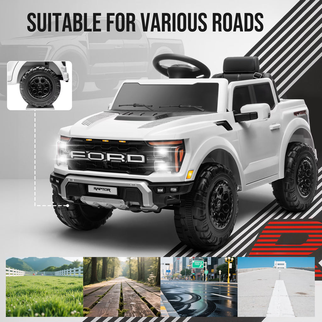 12V Ride on Cars with Remote Control, Licensed Ford F 150 Raptor Powered Ride on Toys with Bluetooth, Radio, LED Light, 4 Wheels Suspension, Kids Cars Electric Vehicles for Boys Girls Ages 3-6, White
