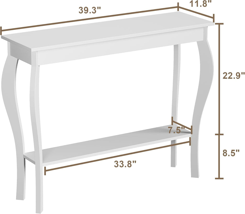39" Narrow Entryway Table with Storage Shelf, White | Console Table with Curved Legs, Chic Accent Sofa Table with Shelves for Entryway, Living Room, Hallway