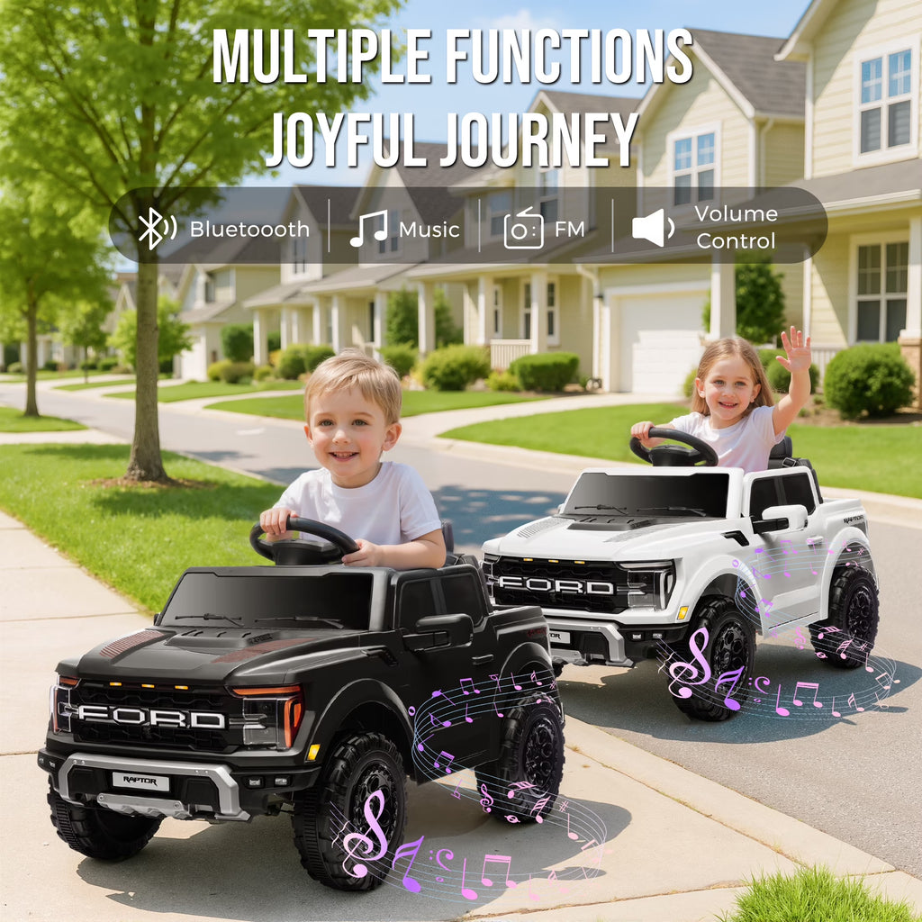 12V Ride on Cars with Remote Control, Licensed Ford F 150 Raptor Powered Ride on Toys with Bluetooth, Radio, LED Light, 4 Wheels Suspension, Kids Cars Electric Vehicles for Boys Girls Ages 3-6, White
