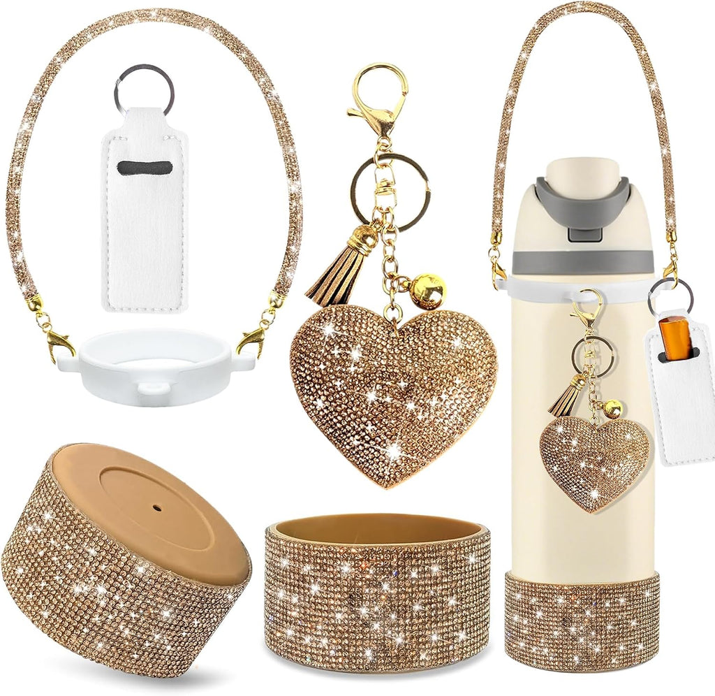 Accessories Set for Owala, Diamond Boot(Champagne, Freesip19Oz/Sway 30Oz) | 5PCS Glitter Water Bottle Accessories with Heart Charm Keychain, Diamond Handle Strap & Silicone Boot for Daily Use