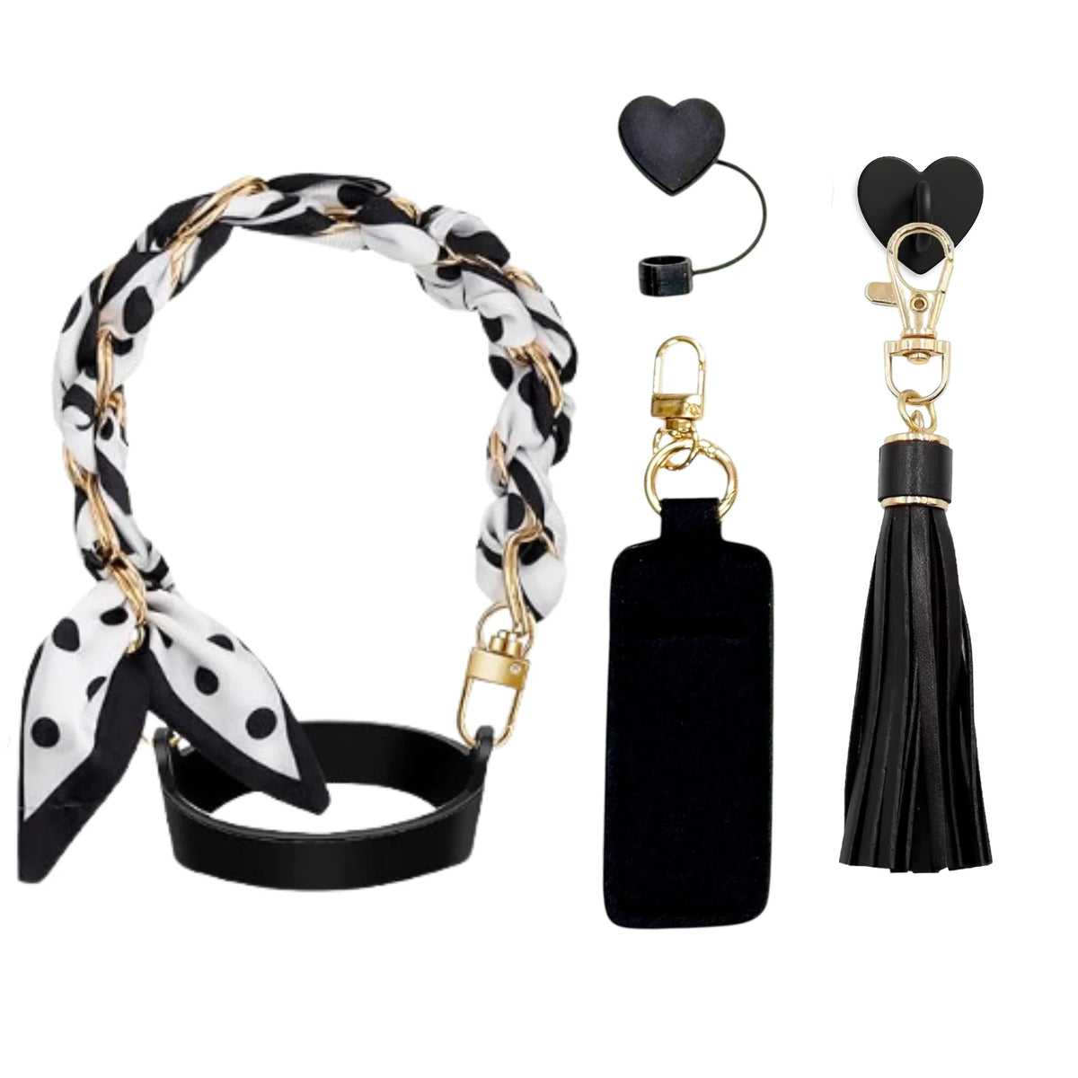 Tumbler Accessory Set with Water Bottle Handle, Straw Topper, Charm Hook & Lip Balm Holder, Black & White