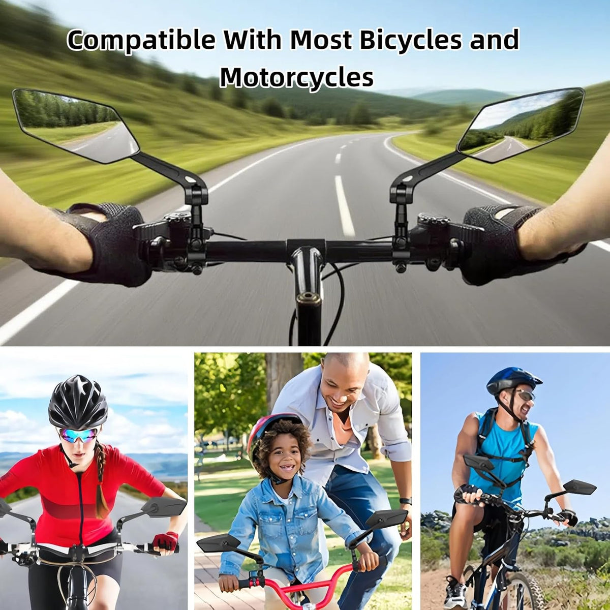 Bike Mirrors for Handlebars, 1 Pair Bicycle Rear View Mirror, 360° Adjustable Rotatable Wide Angle Mirror Accessories for Ebike Mountain Road Bike, Black