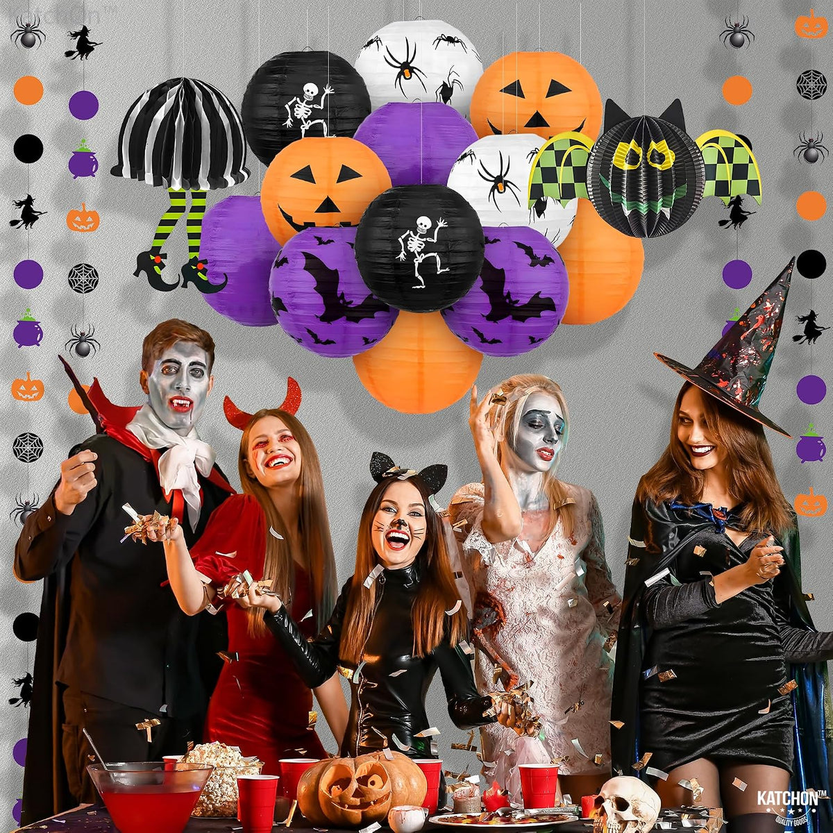Halloween Hanging Paper Lanterns Set, Pack of 15 | Halloween Paper Lanterns, Halloween Honeycomb Decorations for Halloween Decorations
