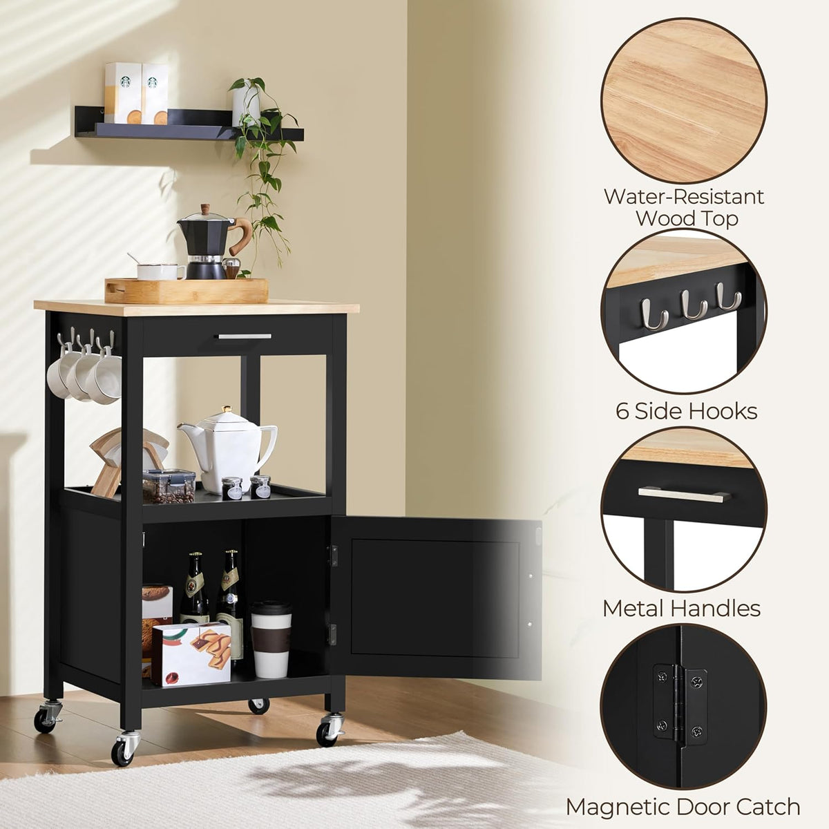 Yaheetech Rolling Kitchen Island Cart with Storage, 2 Tier, Wood Top, Black | Small Kitchen Island on Lockable Wheels, Microwave Cart with Drawer, 6 Hooks, Cabinet for Dining/Living Room/Kitchen Bar