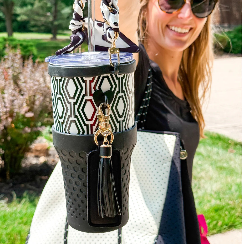 Tumbler Accessory Set with Water Bottle Handle, Straw Topper, Charm Hook & Lip Balm Holder, Black & White