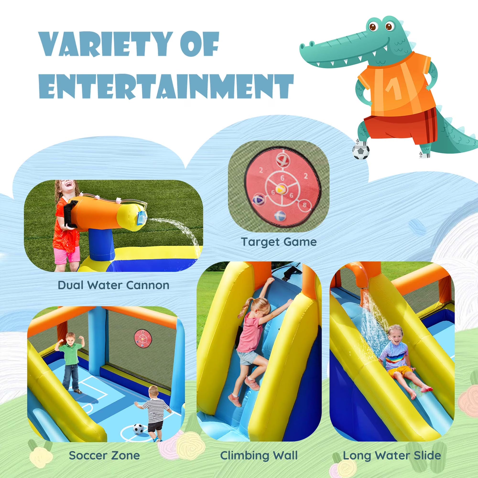 Giant Soccer-Themed Inflatable Water Slide Bouncer with Splash Pool without Blower for Toddler, Bouncy Water Park