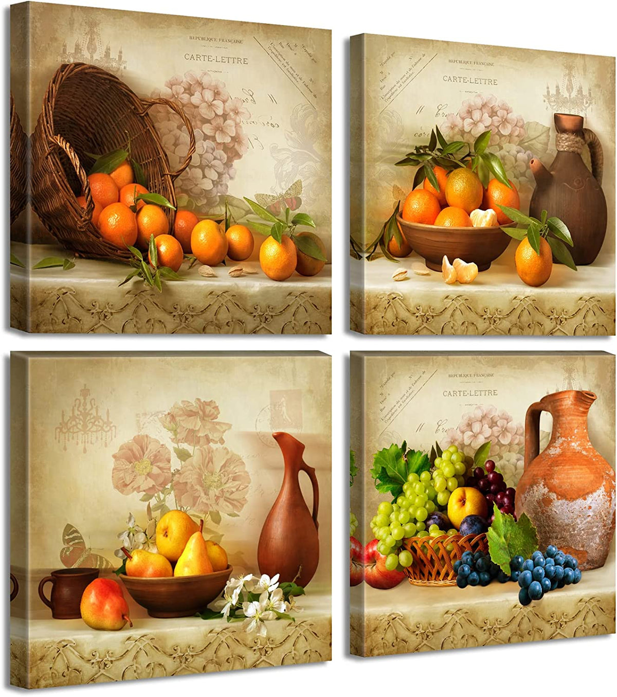 Kitchen Wall Decor 4-Piece Vintage Fruit Still Life Canvas Art 12X12 Inch