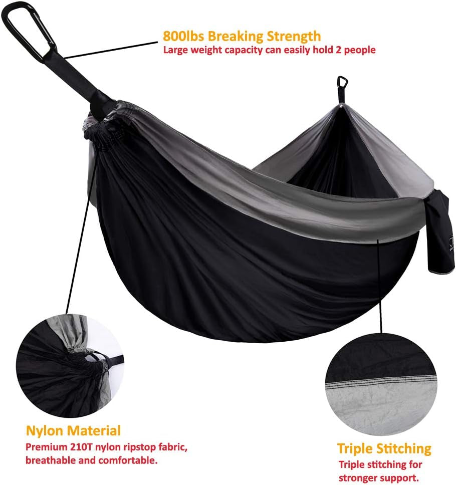 Camping Hammock - Portable Hammock Single Hammock Camping Accessories Gear for Outdoor Indoor Adult Kids, USA Based Brand (Black & Grey)