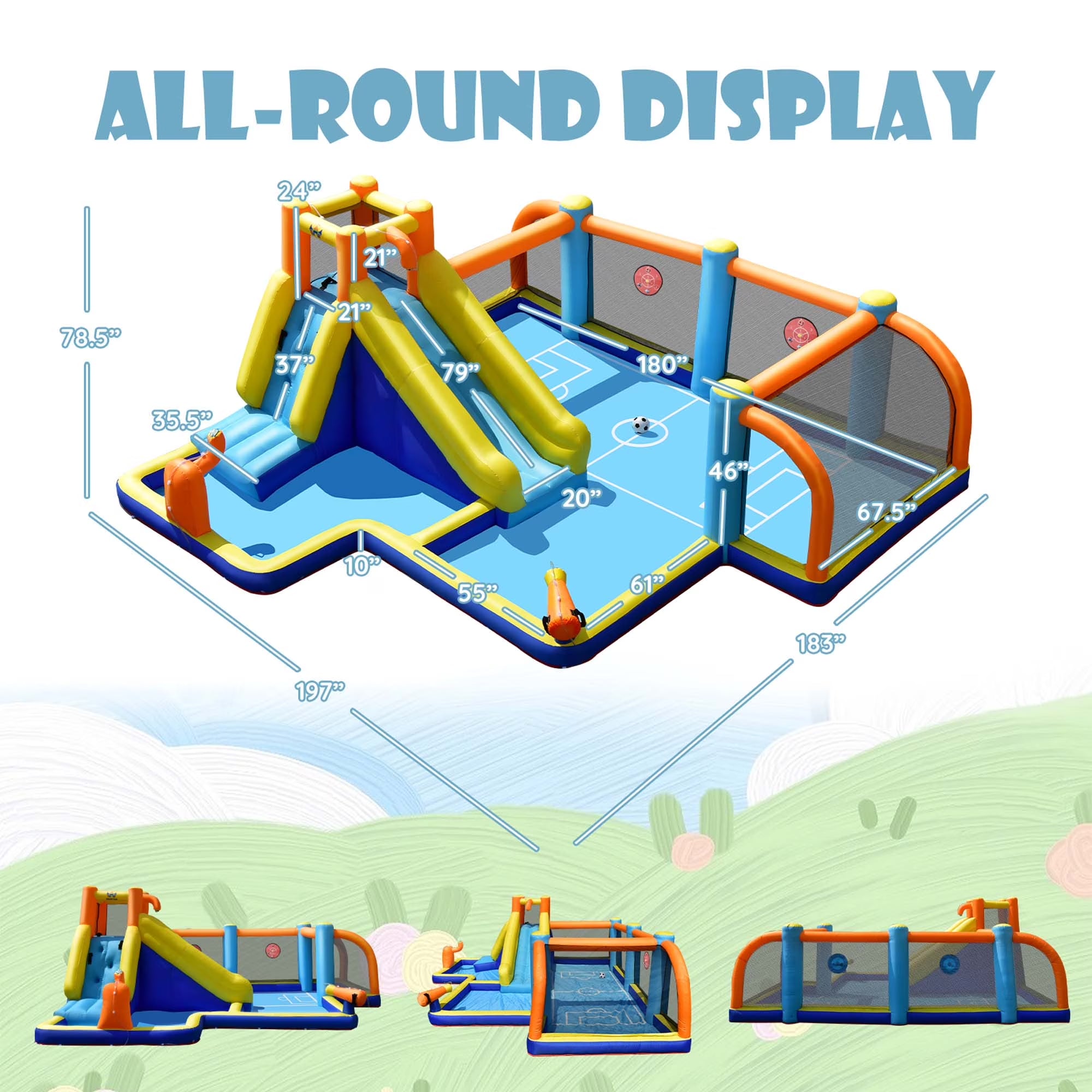 Giant Soccer-Themed Inflatable Water Slide Bouncer with Splash Pool without Blower for Toddler, Bouncy Water Park