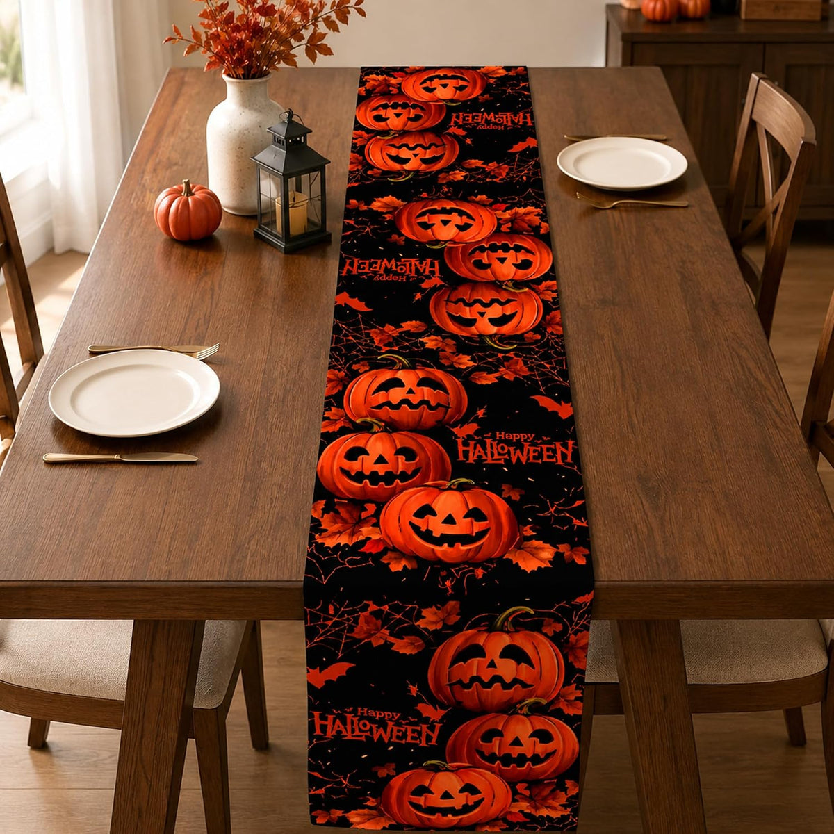 Halloween Decorations - Happy Halloween Pumpkin Table Runner | Halloween Party Favors Supplies Backdrop for Indoor Outdoor | Halloween Decor Tablecloth for Home Office Dining Kitchen