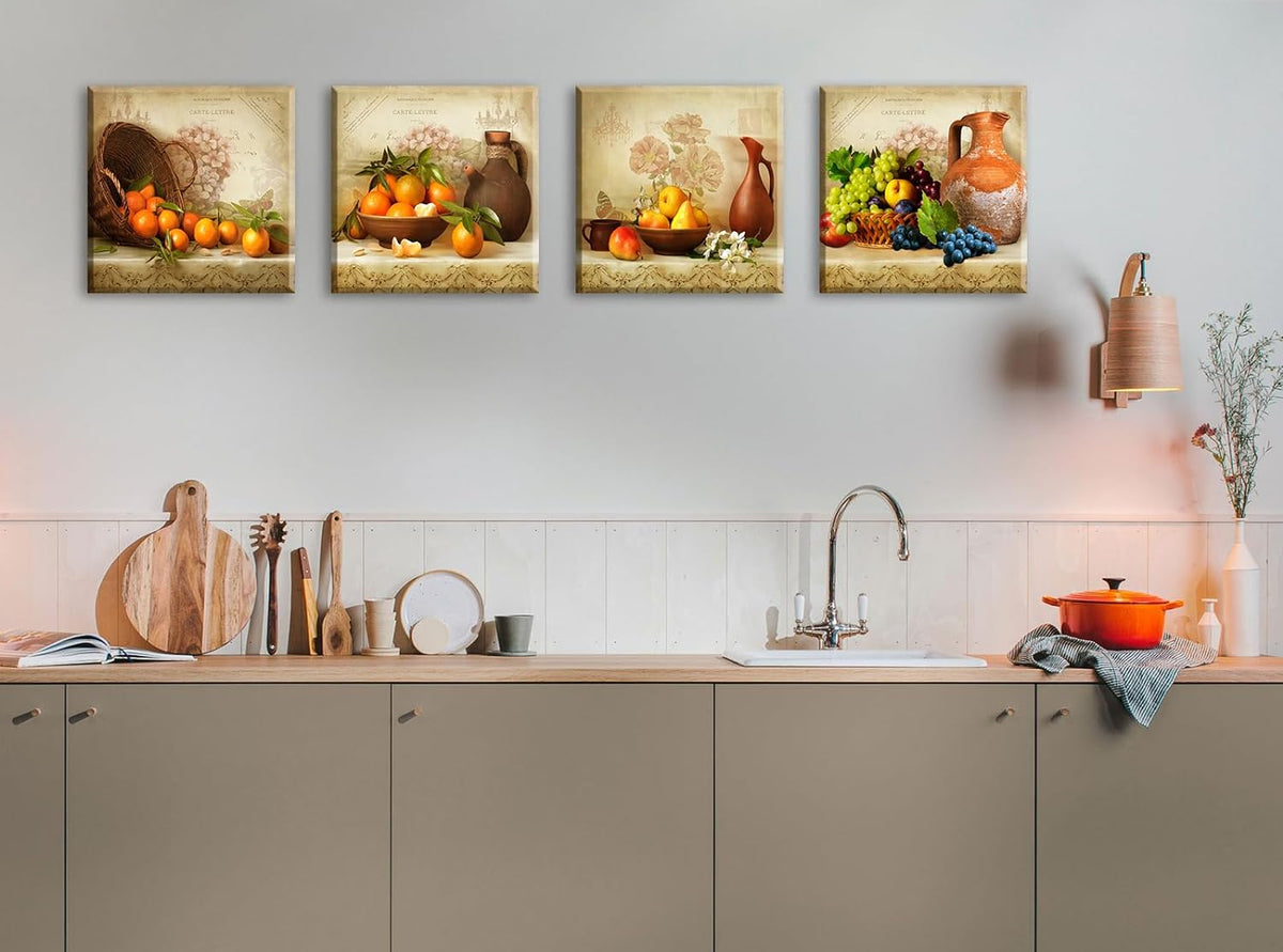 Kitchen Wall Decor 4-Piece Vintage Fruit Still Life Canvas Art 12X12 Inch