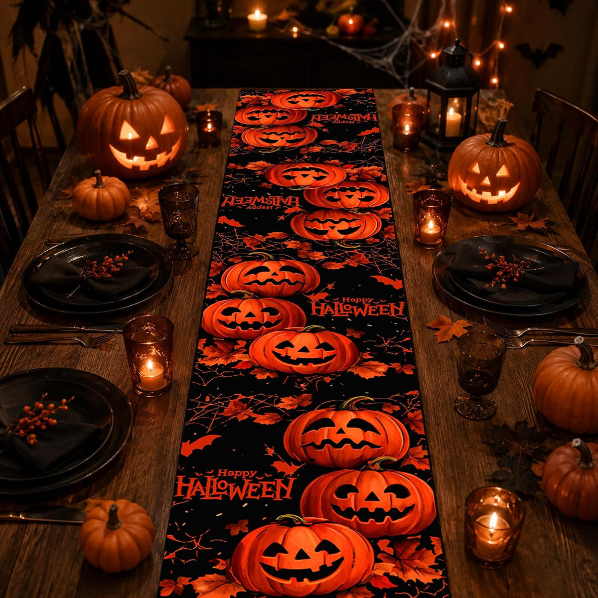 Halloween Decorations - Happy Halloween Pumpkin Table Runner | Halloween Party Favors Supplies Backdrop for Indoor Outdoor | Halloween Decor Tablecloth for Home Office Dining Kitchen