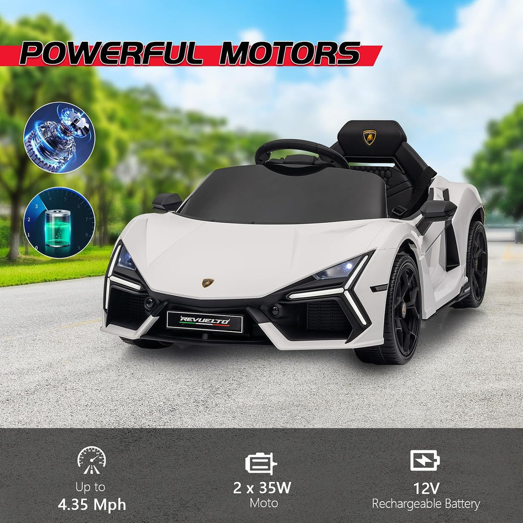 12V Licensed Lamborghini Revuelto Ride on Car for Toddlers, White | Remote Control, Battery Powered Electric Car for Kids, Bluetooth, Hydraulic Doors, 3 Speeds, LED Lights, Music