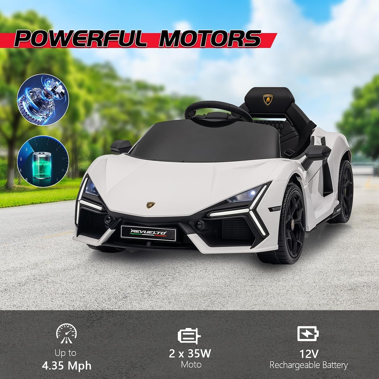12V Licensed Lamborghini Revuelto Ride on Car for Toddlers, White | Remote Control, Battery Powered Electric Car for Kids, Bluetooth, Hydraulic Doors, 3 Speeds, LED Lights, Music