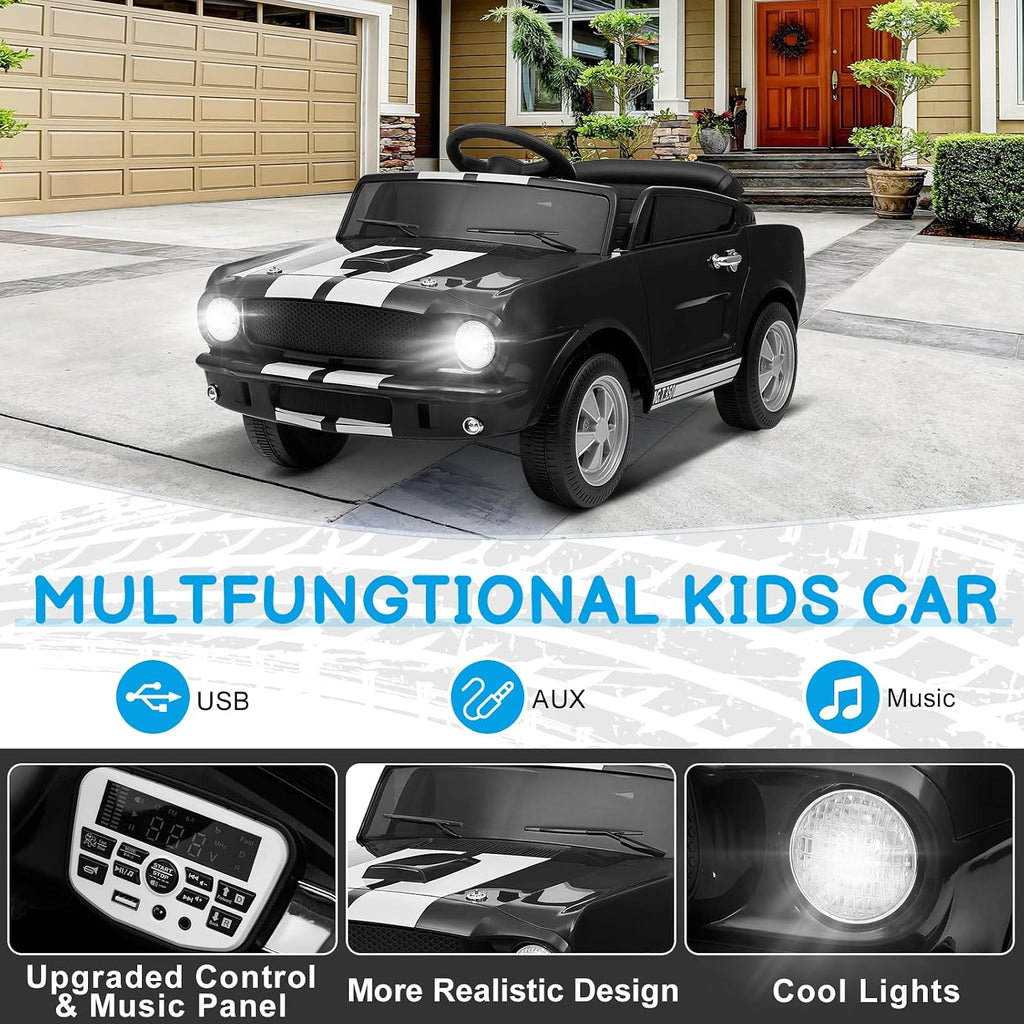12V Licensed Shelby Electric Car for Kids, Black | Battery Powered Ride on Toy for Toddlers, Remote Control, Upgrade Panel, Bluetooth, Shock Absorbers, Safety Belt, 3 Speeds