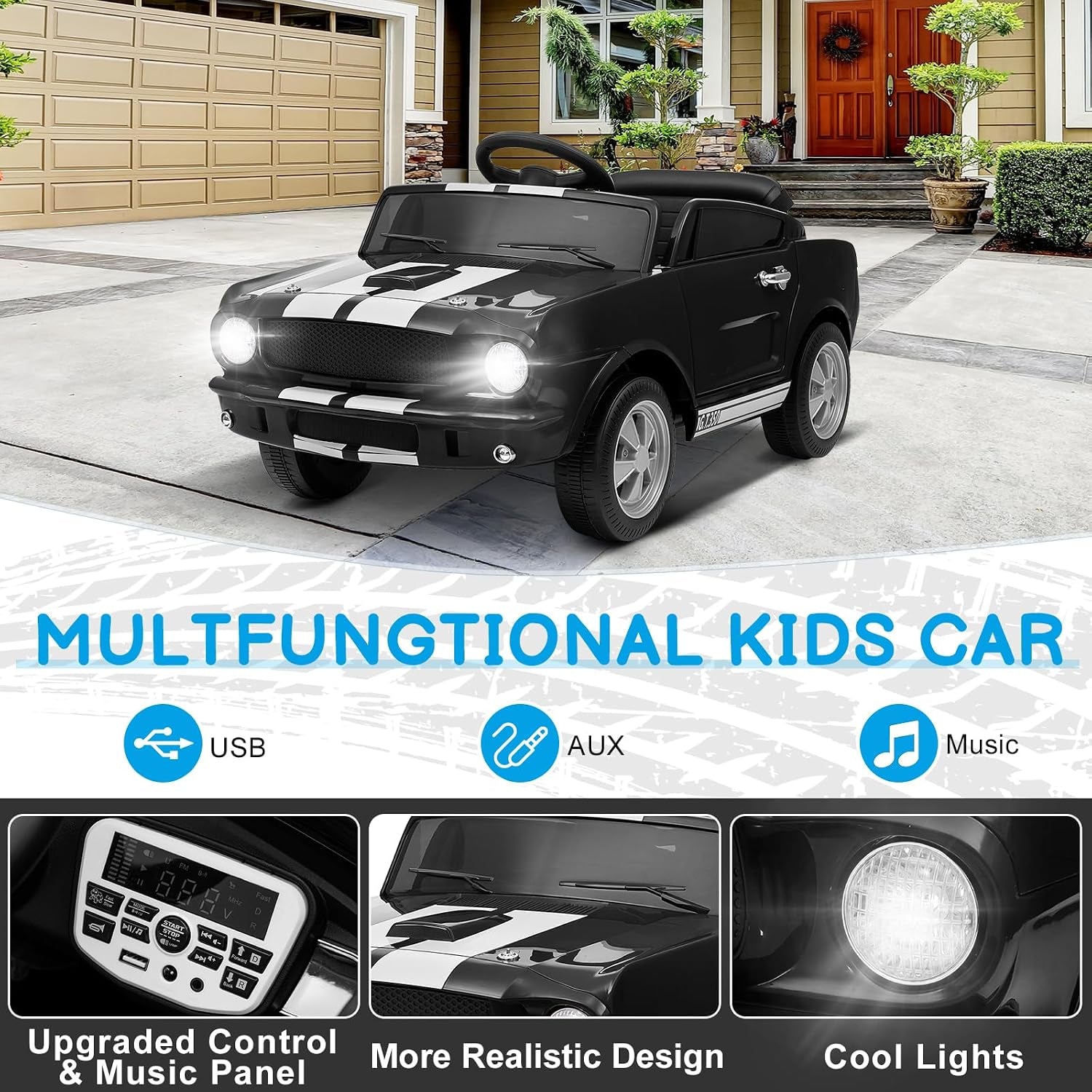 12V Licensed Shelby Electric Car for Kids, Black | Battery Powered Ride on Toy for Toddlers, Remote Control, Upgrade Panel, Bluetooth, Shock Absorbers, Safety Belt, 3 Speeds