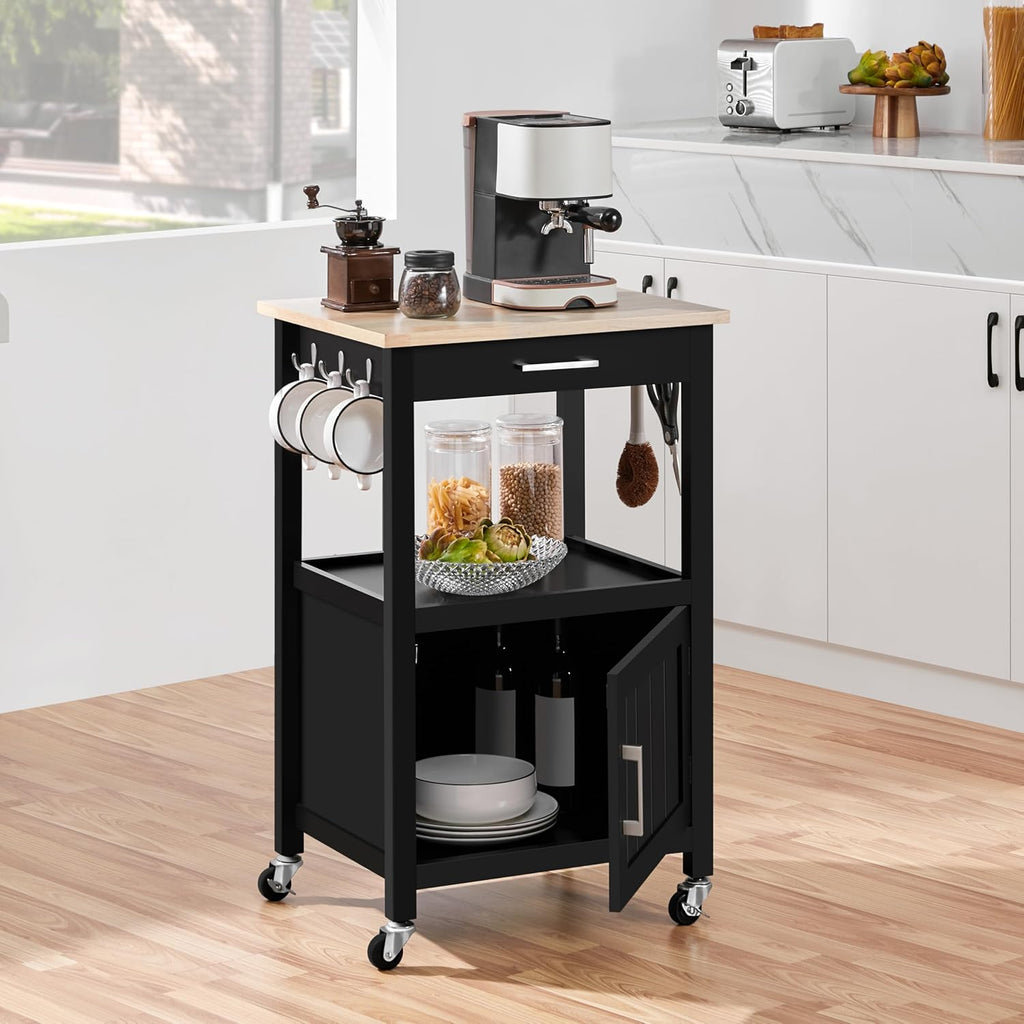 Yaheetech Rolling Kitchen Island Cart with Storage, 2 Tier, Wood Top, Black | Small Kitchen Island on Lockable Wheels, Microwave Cart with Drawer, 6 Hooks, Cabinet for Dining/Living Room/Kitchen Bar