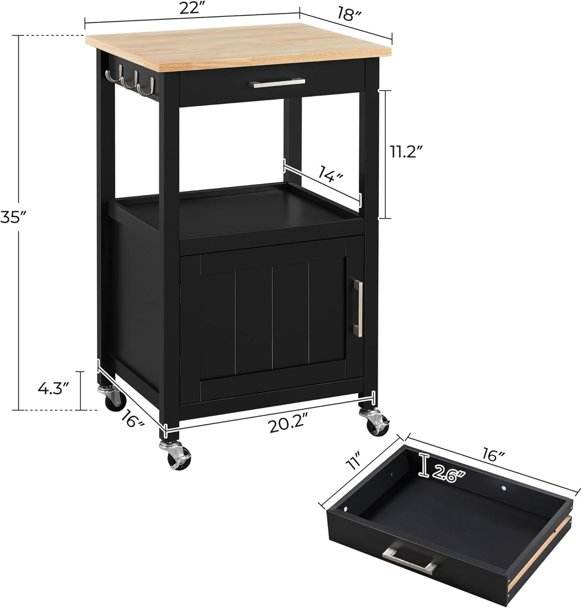 Yaheetech Rolling Kitchen Island Cart with Storage, 2 Tier, Wood Top, Black | Small Kitchen Island on Lockable Wheels, Microwave Cart with Drawer, 6 Hooks, Cabinet for Dining/Living Room/Kitchen Bar