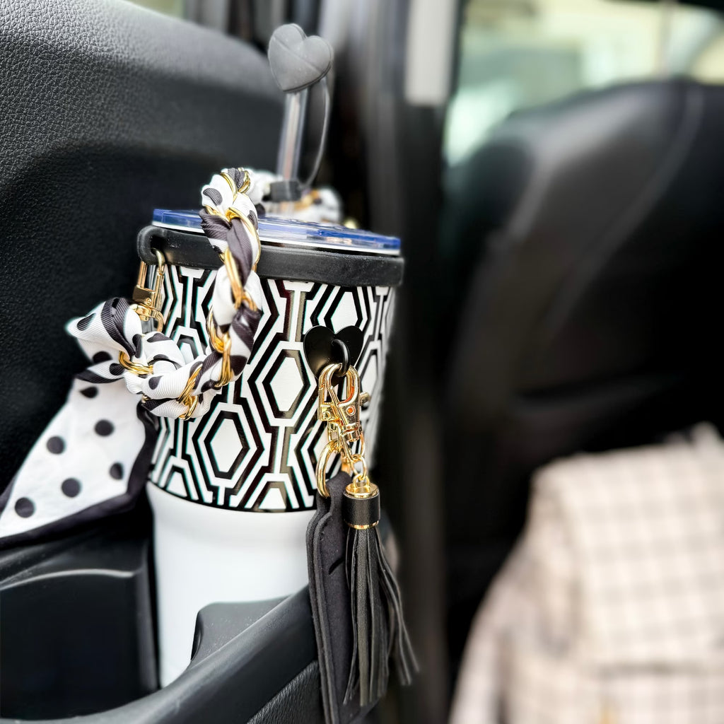 Tumbler Accessory Set with Water Bottle Handle, Straw Topper, Charm Hook & Lip Balm Holder, Black & White