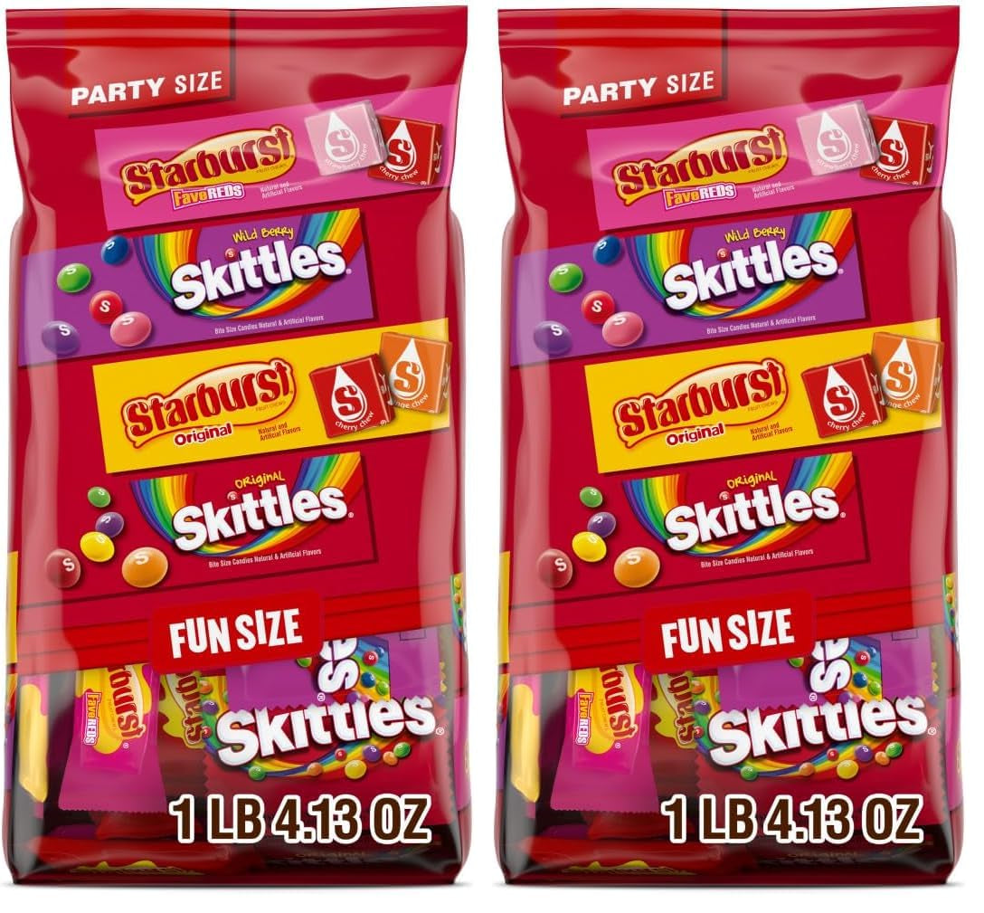 SKITTLES Original, SKITTLES Wild Berry & STARBURST Original and STARBURST Favereds Fun Size Chewy Candy Variety Bag, Party Size, 20.13 Oz Bulk Bag (Pack of 2)