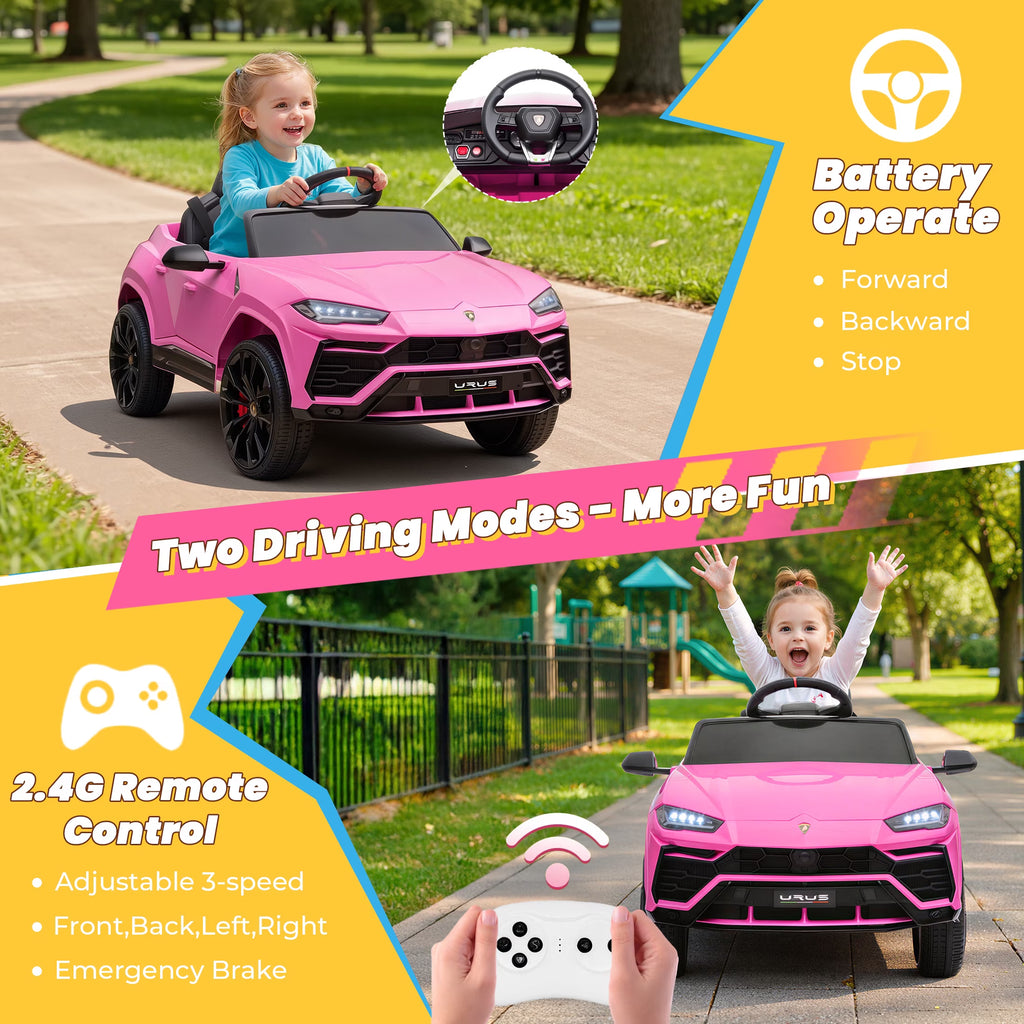Lamborghini 12V Ride on Car for Kids, Electric Car with Remote Control, Music Player, Led Lights, Powered Ride on Toys for 3+ Years Olds Girls Boys, Pink