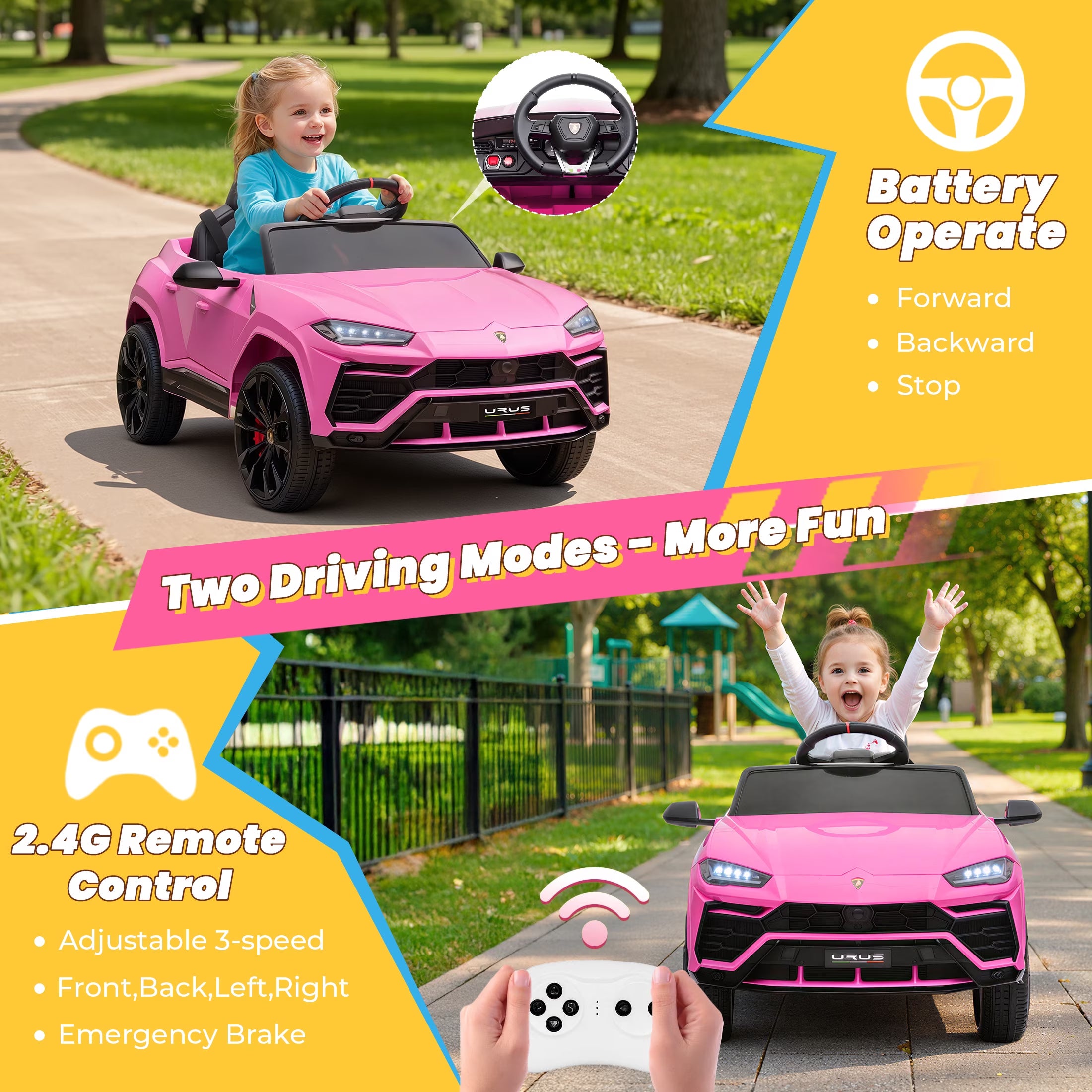 Lamborghini 12V Ride on Car for Kids, Electric Car with Remote Control, Music Player, Led Lights, Powered Ride on Toys for 3+ Years Olds Girls Boys, Pink