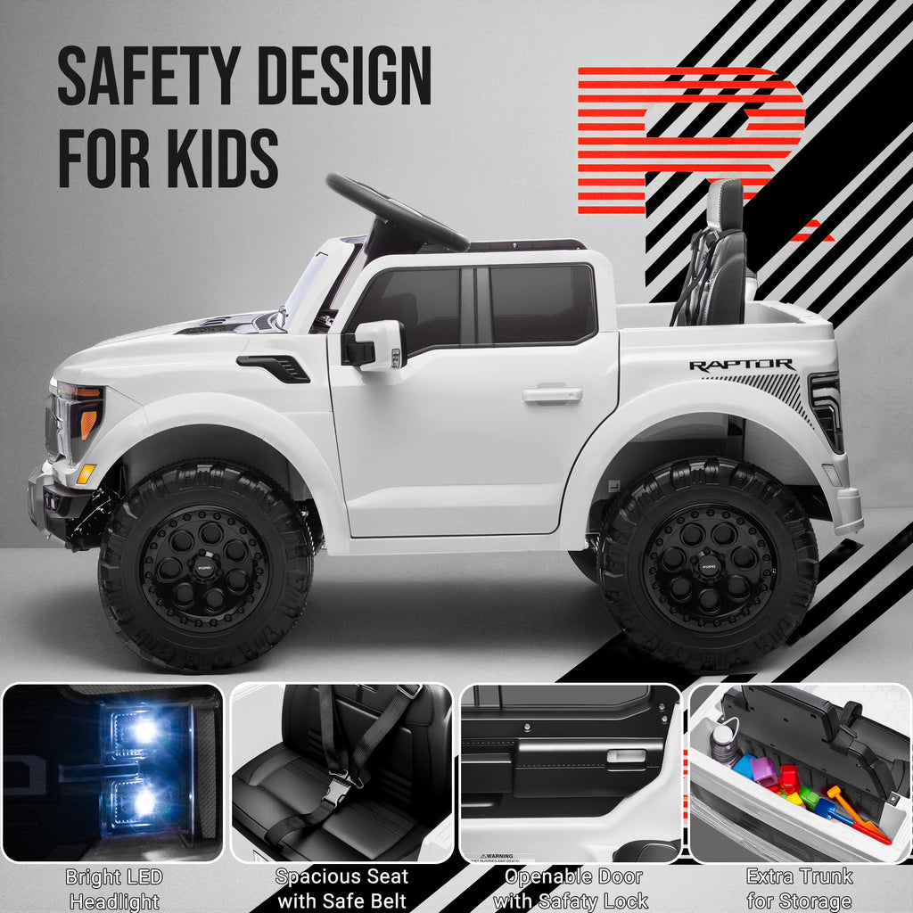 12V Ride on Cars with Remote Control, Licensed Ford F 150 Raptor Powered Ride on Toys with Bluetooth, Radio, LED Light, 4 Wheels Suspension, Kids Cars Electric Vehicles for Boys Girls Ages 3-6, White
