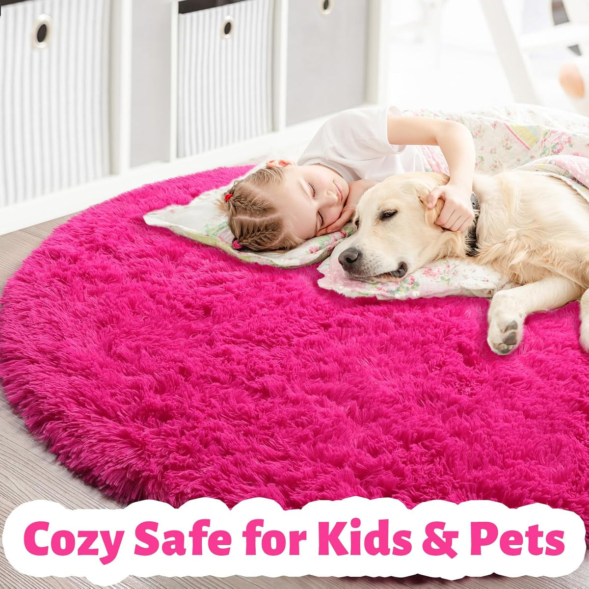 Hot Pink Plush round Circle Rug 5Ft for Girls Bedroom Playroom | Fluffy Shaggy Fuzzy Kids Carpet, Nursery Dorm Classroom Decor, Cutecore Kidcore Aesthetic, Fuschia Magenta Color, Circular