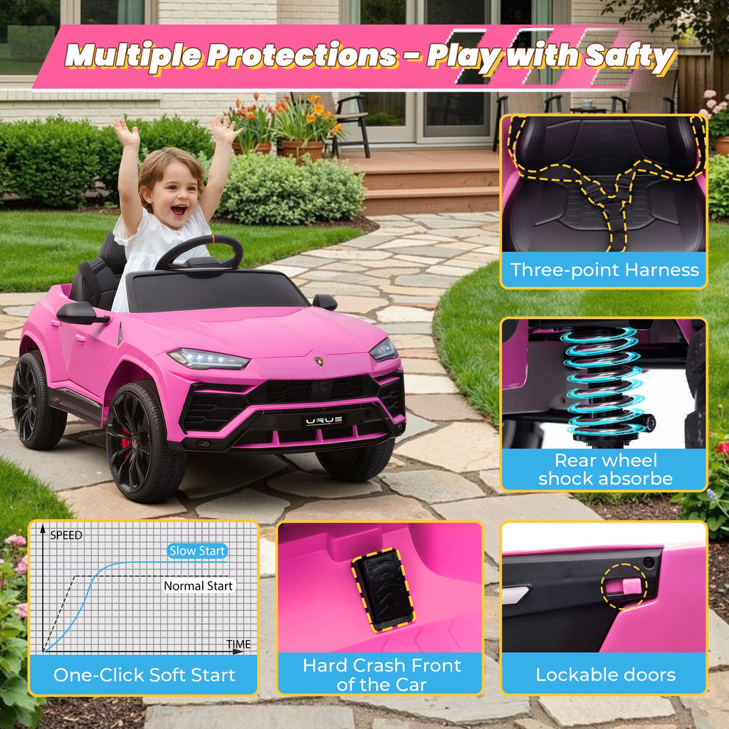 Lamborghini 12V Ride on Car for Kids, Electric Car with Remote Control, Music Player, Led Lights, Powered Ride on Toys for 3+ Years Olds Girls Boys, Pink
