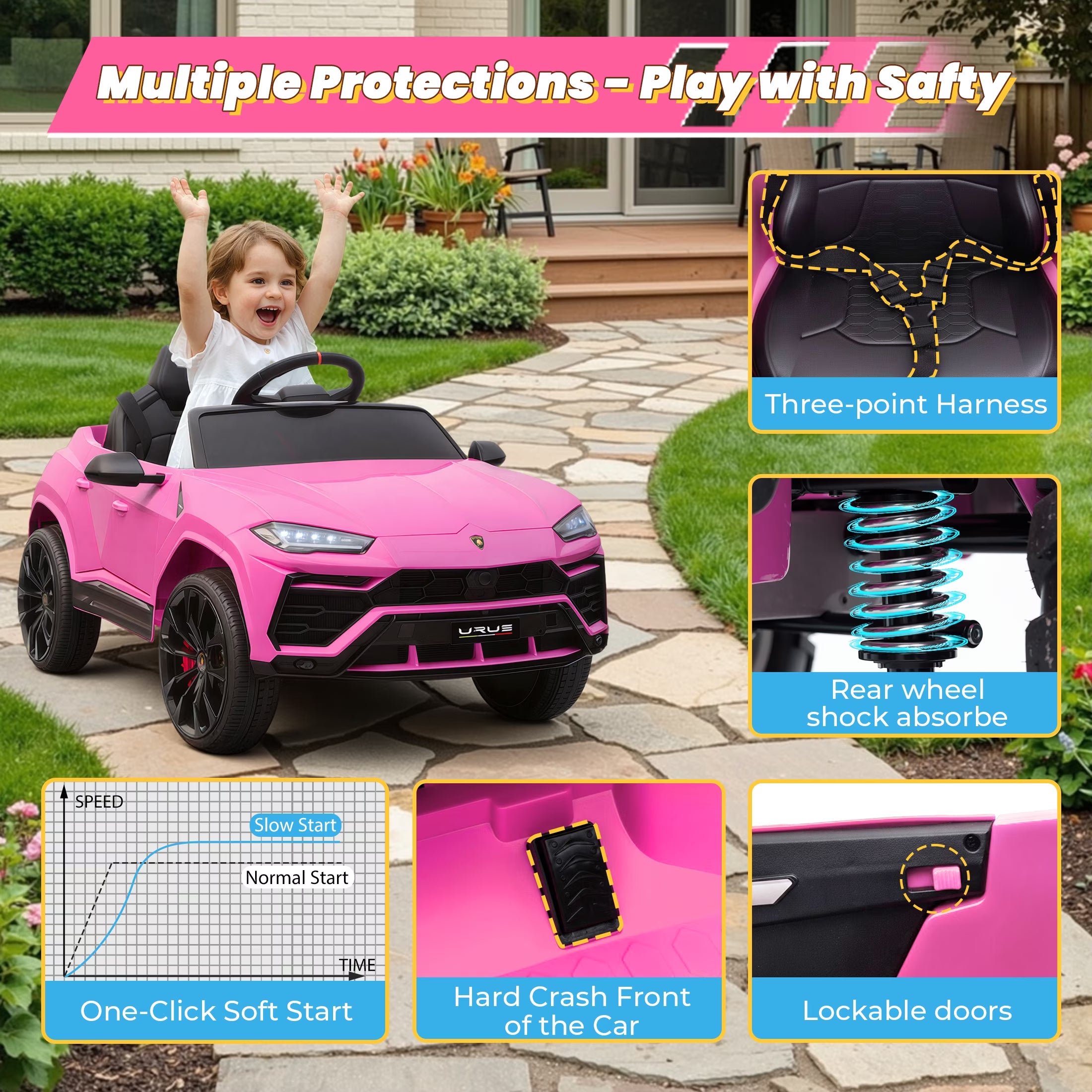 Lamborghini 12V Ride on Car for Kids, Electric Car with Remote Control, Music Player, Led Lights, Powered Ride on Toys for 3+ Years Olds Girls Boys, Pink