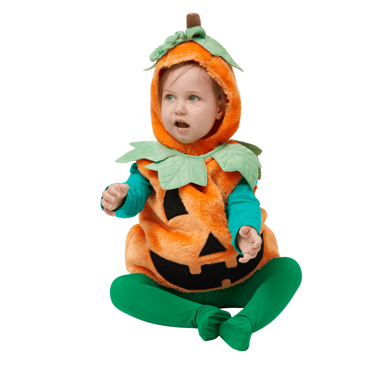 Halloween Pumpkin Costume for Kids, Pumpkin Costume with Plush Green Leaves, Halloween Party Dress up Costume 5-7 Yrs