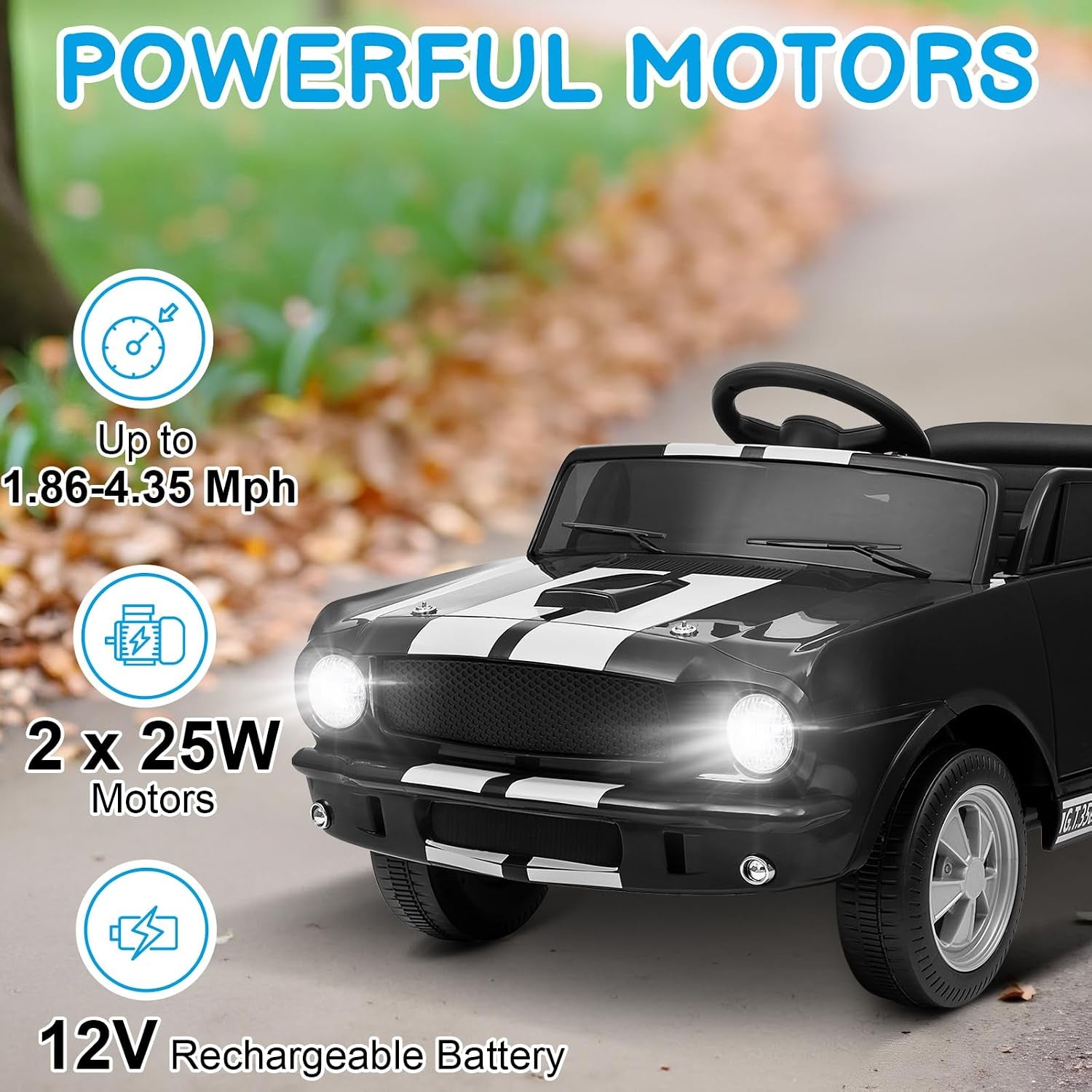 12V Licensed Shelby Electric Car for Kids, Black | Battery Powered Ride on Toy for Toddlers, Remote Control, Upgrade Panel, Bluetooth, Shock Absorbers, Safety Belt, 3 Speeds
