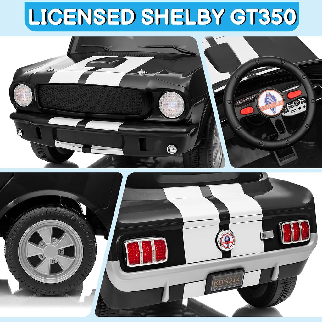 12V Licensed Shelby Electric Car for Kids, Black | Battery Powered Ride on Toy for Toddlers, Remote Control, Upgrade Panel, Bluetooth, Shock Absorbers, Safety Belt, 3 Speeds