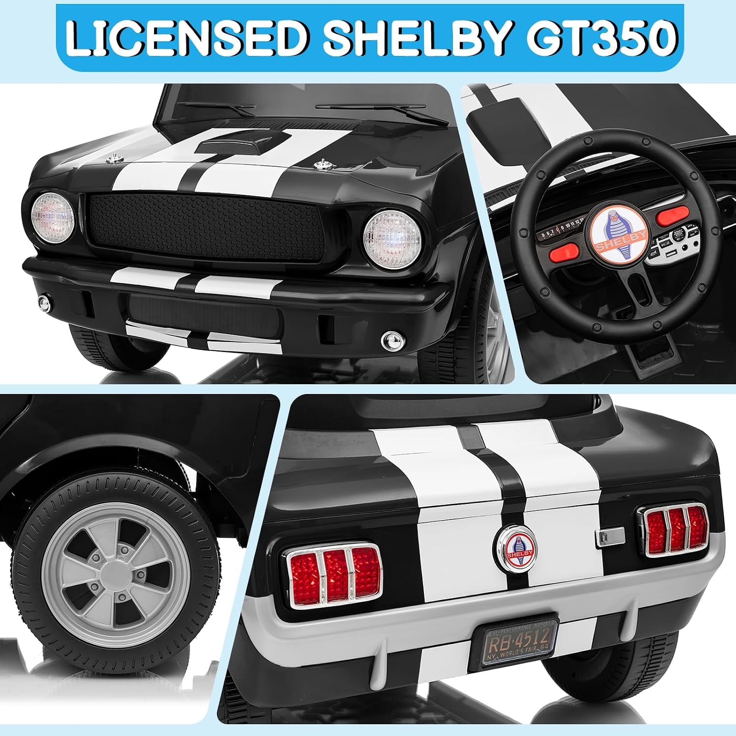 12V Licensed Shelby Electric Car for Kids, Black | Battery Powered Ride on Toy for Toddlers, Remote Control, Upgrade Panel, Bluetooth, Shock Absorbers, Safety Belt, 3 Speeds