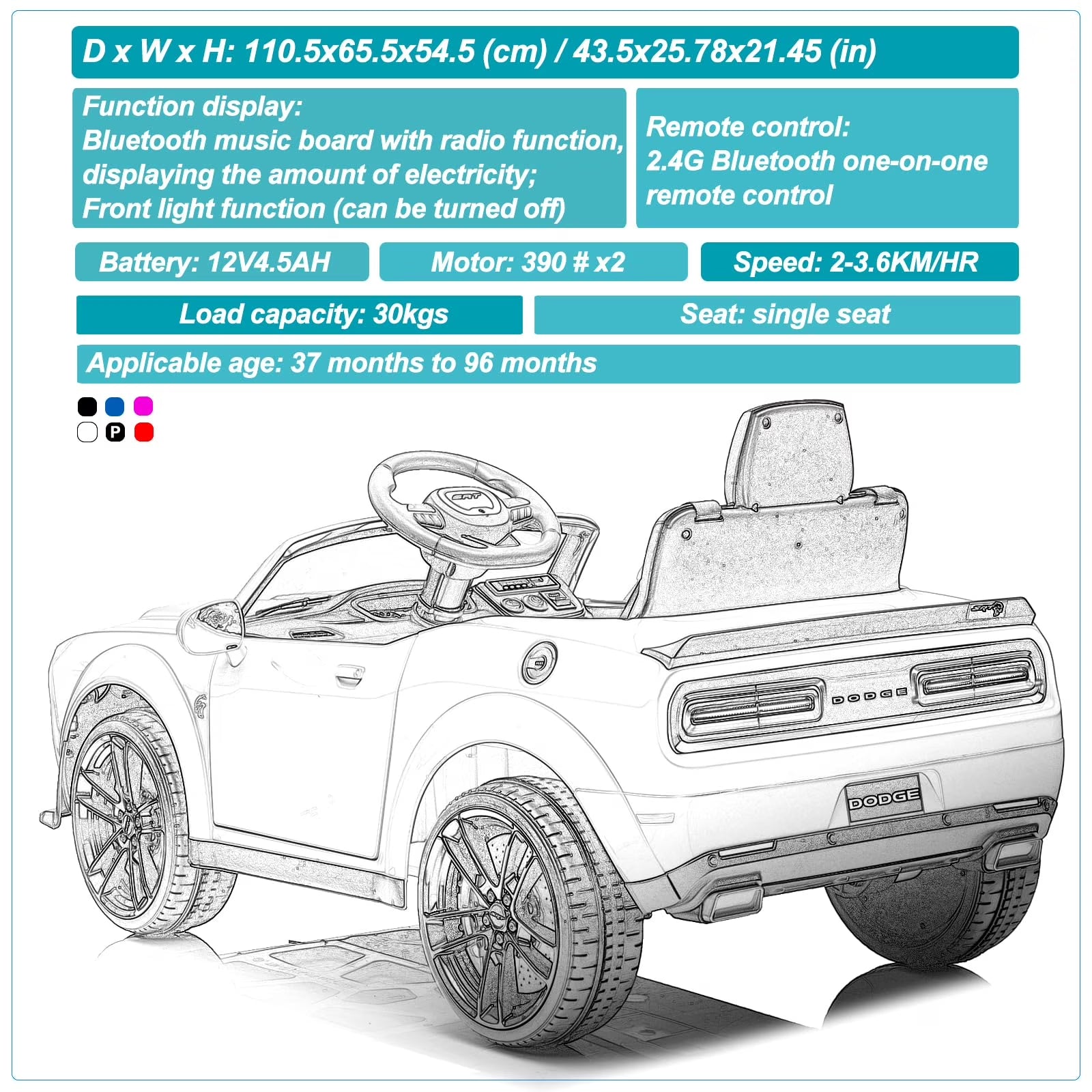 Kids Electric Car | Licensed Dodge Challenger Ride-On 12V Battery-Powered Vehicle with Remote, LED Lights, Bluetooth, MP3 for Boys and Girls,Christmas Gift for Kids