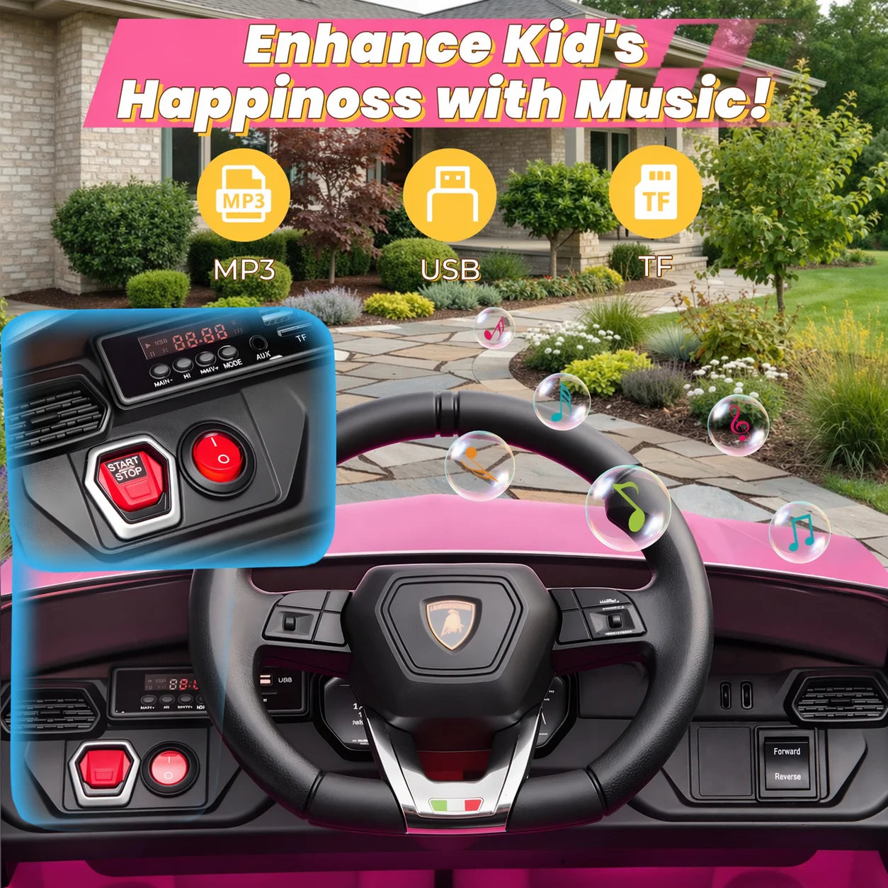 Lamborghini 12V Ride on Car for Kids, Electric Car with Remote Control, Music Player, Led Lights, Powered Ride on Toys for 3+ Years Olds Girls Boys, Pink