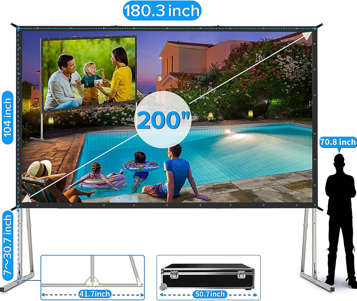 Projector Screen 200 Inch, 3-Layers PVC Projector Screen with Stand | Anti-Light Screen,Wind-Resistant Aluminum Frame with Road Case,178° View Angle for Large Outdoor 4K Stage & Commercial Events