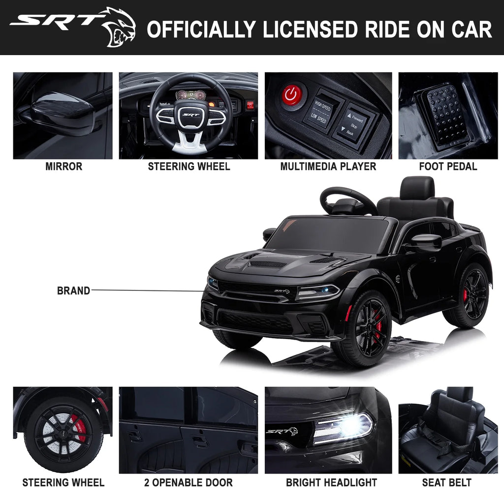 12V Ride on Car, Dodge Charger Powered Electric Car with Battery Powered, Bluetooth, Remote Control, LED Light, Ride on Toy for Ages 3+ Kids, Black
