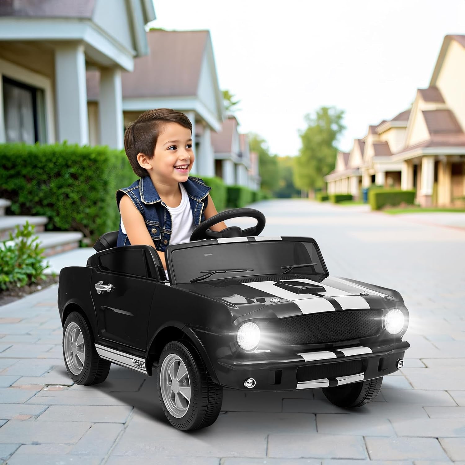 12V Licensed Shelby Electric Car for Kids, Black | Battery Powered Ride on Toy for Toddlers, Remote Control, Upgrade Panel, Bluetooth, Shock Absorbers, Safety Belt, 3 Speeds