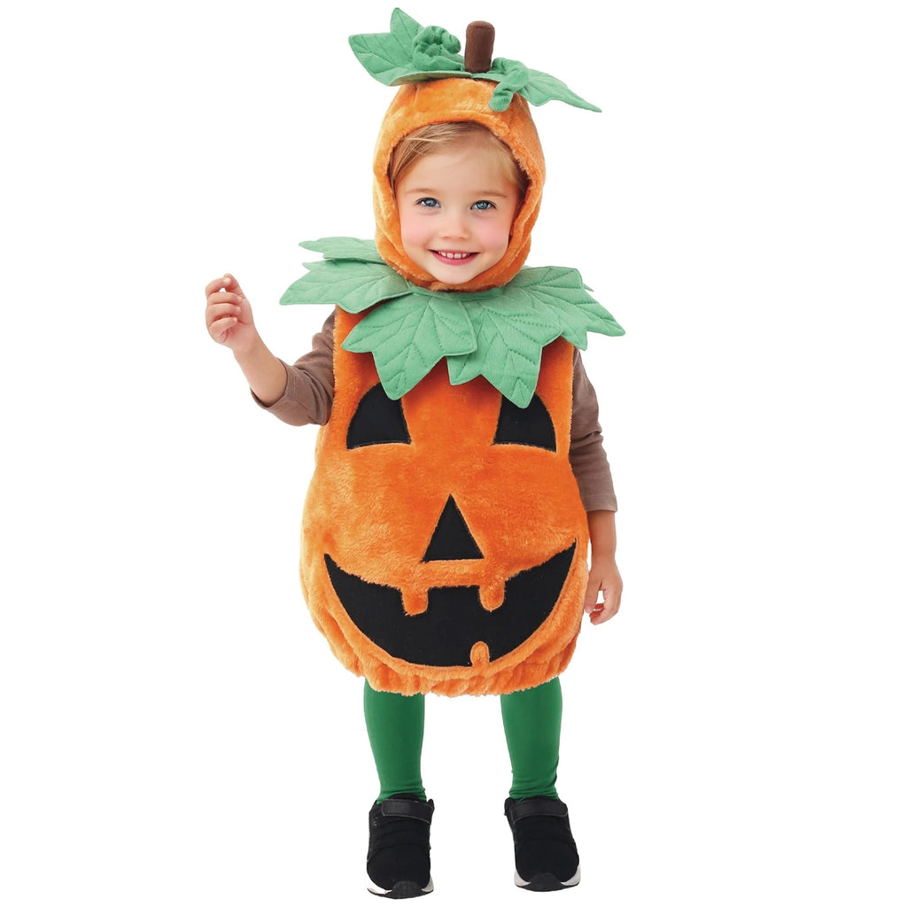 Halloween Pumpkin Costume for Kids, Pumpkin Costume with Plush Green Leaves, Halloween Party Dress up Costume 5-7 Yrs